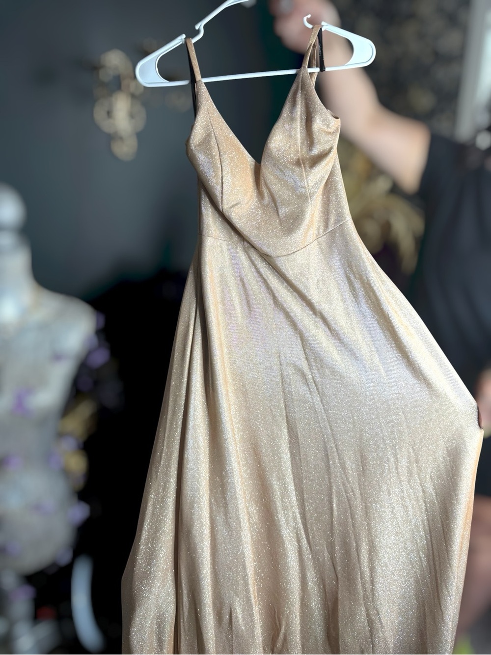 Speechless Champagne Metallic Cowl Neck Gown